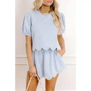 Beau Blue Puff Sleeve Pearl Embellished Scallop Hem 2-Piece Shorts Set