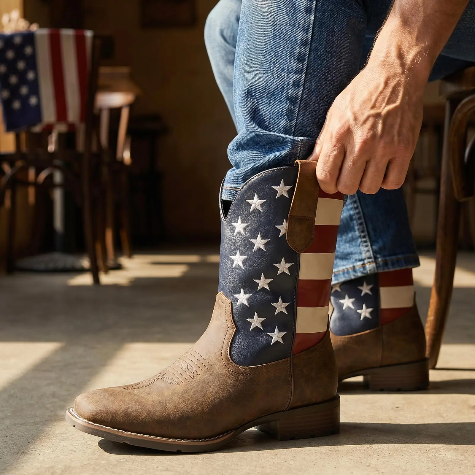 Cowboy Boots for Men - Western Men's Boots with Classic Embroidered, Slip on Square Toe Boots, Slip Resistant Country Boots Chunky Heel Ankle, Durable Short Boots for Spring Fall