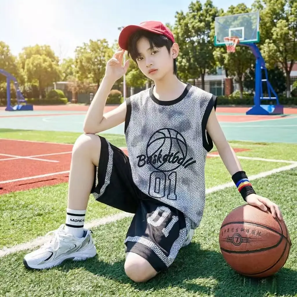 Boys' 2-Piece Basketball Outfit, Jersey Vest & Letter Print Shorts Set in Synthetics for Outdoor Activities, Sporty Chic, Vest + Shorts, Alpha Pattern, Male, Outdoor Sports Shorts, Boy’s Set