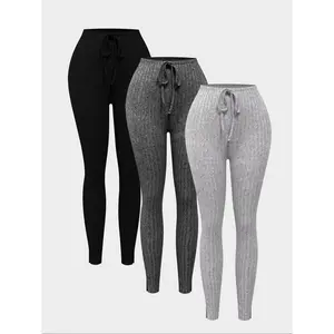 Women's Solid Tie Front Split Hem Ribbed Leggings, Casual Comfy High Waist Skinny Pants for Daily Wear, Ladies Bottoms for All SeasonsGift