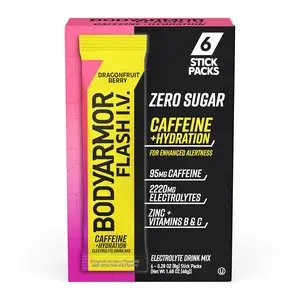 BODYARMOR Caffeine Flash I.V. Dragonfruit Berry flavored Electrolyte Mix, 0.28 oz Packets, 6 Pack