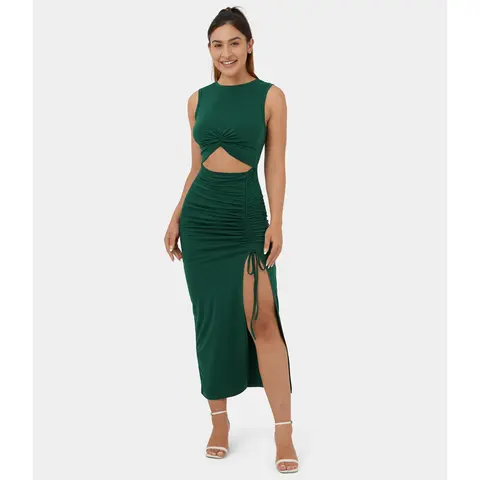 Halara Round Neck Twisted Cut Out Ruched Drawstring Split Hem Bodycon Midi Casual Dress