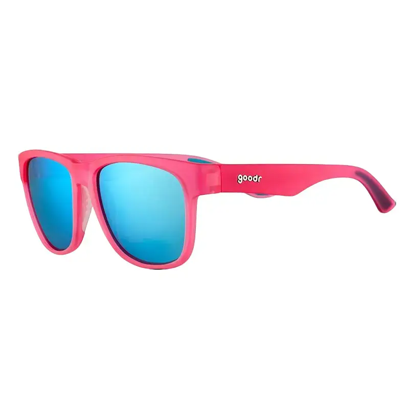goodr Do You Even Pistol, Flamingo? Large Size (BFG) Translucent Pink Frame with Teal Lens, UV400, No Slip No Bounce No Tangle Tinted Lens Sunglasses Wrap Around Sunglasses