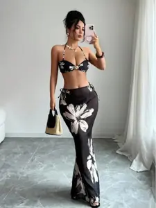 Women's Summer Vacation Print Halter Top, Triangle Bikini Bottoms, Long Dress Set, Casual Beach Pool Party Fashion Swimsuit, Bikini Skirt Set