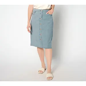 QVC Denim & Co. Women's Petite Button-Front Striped Midi Denim Skirt