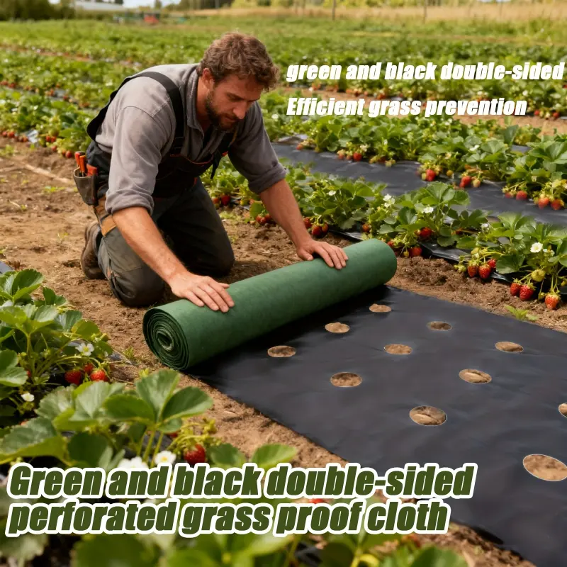 Thickened Green-Black Weed Barrier Fabric, Double-Layer Perforated, Multi-Size, Breathable Anti-Waterlogging, Grass Control, Garden Supplies