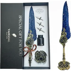 Steampunk Feather Pen and Ink Set with Gift Box, Vintage Quill Pen for Writing, Calligraphy Pen Set for Office Supplies, Great Gift for Birthday, Wedding, Christmas (Blue)
