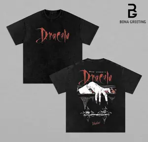 Gothic Dracula Print Washed Cotton T-Shirt for Men | 200g Heavy Cotton Oversize Vampire Dark Aesthetic Tee | Machine Washable Durable Soft Fabric | BG BONA GREETING Brand Gothic Streetwear | 2025 Trendy Vintage Distressed Black Tee Apparel Breathable