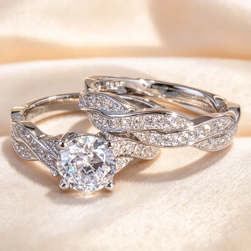 2Pcs Twisted Band Couple Ring Set, Round Stone Engagement Matching Rings, Gift for Valentine's Day Christmas Wedding Anniversary Bridal Wear