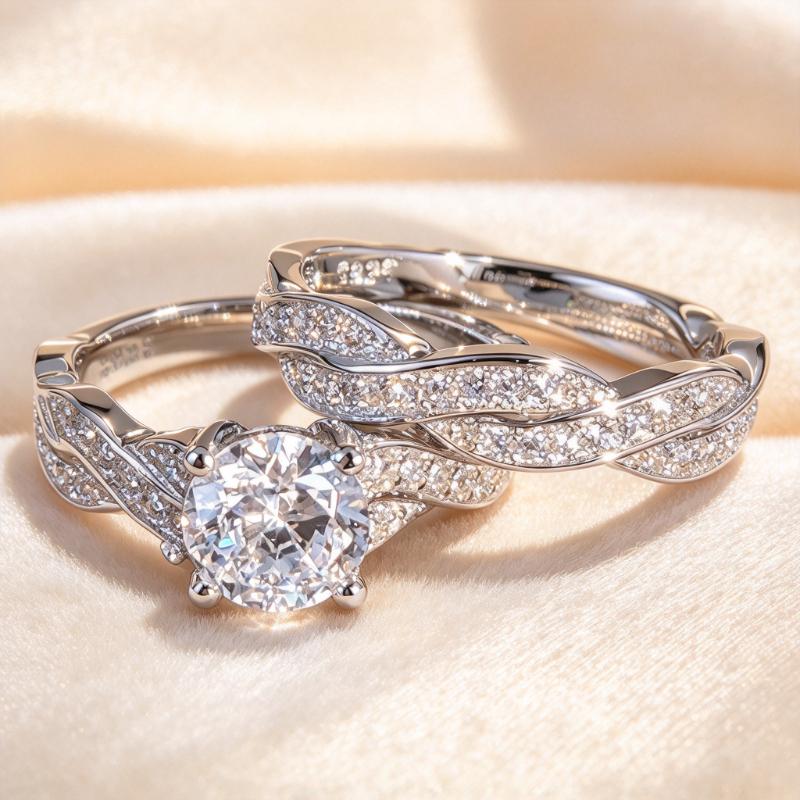 2Pcs Twisted Band Couple Ring Set, Round Stone Engagement Matching Rings, Gift for Valentine's Day Christmas Wedding Anniversary Bridal Wear
