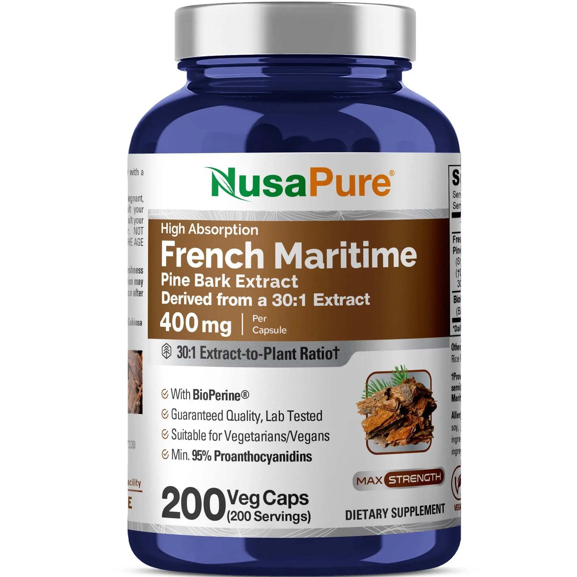 NusaPure French Maritime Pine Bark 30:1 Extract Healthcare Supplement - 400 mg Per Veggie Capsule, 200 Capsules (200-Day Supply), Naturally Derived, with Bioperine®, Non-GMO, Vegan, Note: Consult if Allergic to Pine Products, Supports Circulatory Issues,,