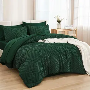 King Size Comforter Set 7 Pieces Dark Emerald Green - Bed in a Bag King Boho Lightweight Fluffy Tufted Bedding Sets with Comforter, Sheets, Pillowcases & Shams