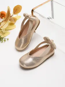 Girls' Gold/Pink/White Iridescent Round Toe Flat Mule Bow Decorated Sandals with Heel Bow | Sweet Princess Style, Soft Non-Slip Breathable Sole, Easy Slip-On for Daily & Formal Wear