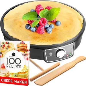 Easy to Use 12” Nonstick Electric Crepe Maker Pancake Griddle with Batter Spreader Wooden Spatula Portable Compact for Crepes Roti Tortilla Blintzes