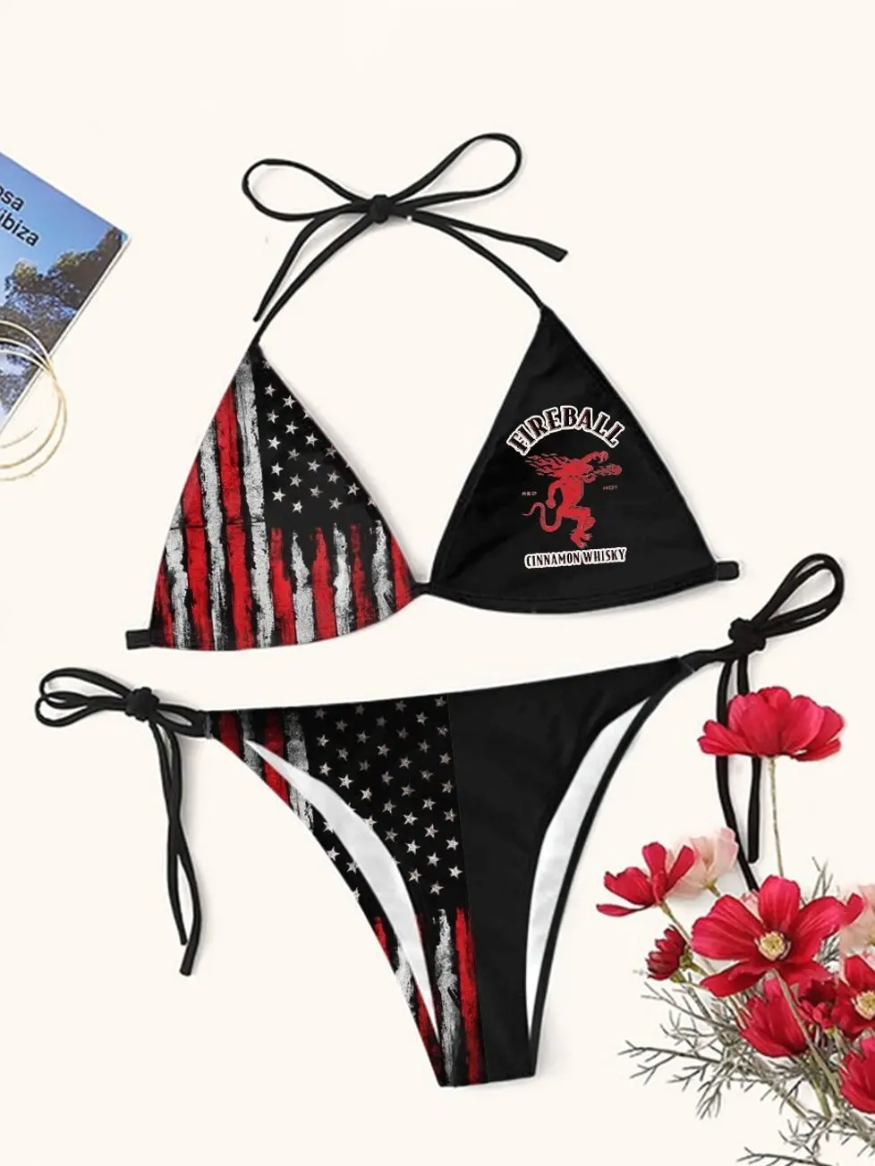 Fireball Whiskey Casual  American Flag Drinking Triangle Bikini Set