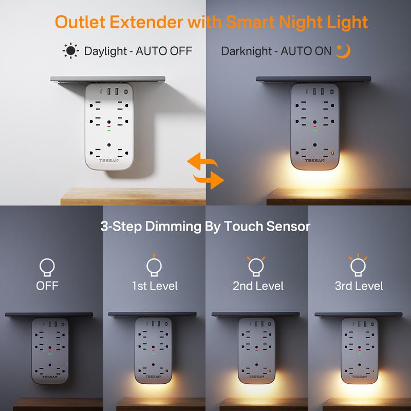 Tessan Wall Outlet Extender with Shelf Night Light Multi Plug Outlets USB Charger 6 AC 2 USB Ports 1 USB C for Home Office