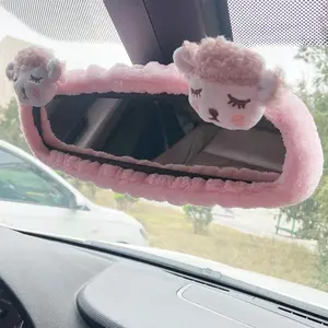 Cute Lamb Design Car Seat Belt Shoulder Pad & Car Reaview Mirror Cover, Car Interior Decorative Accessories for Women & Girls, Car Accessories, Car Interior Accessory