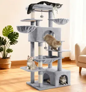 ABCPET Cat Tree Large Cat Tower Tree 68" Multi-Level Cat Tower for Indoor Cats with Sisal Scratching Posts, Widen Cat Perche, Square Hammock, 2 Widen Condos, Scratching Posts, Light Grey
