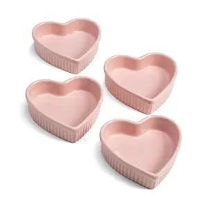 Heart Shaped Ramekin Set  Mini Ceramic Oven Safe Baking Dishes Dishwasher Stoneware Made Without Pfoa 4-piece Pink