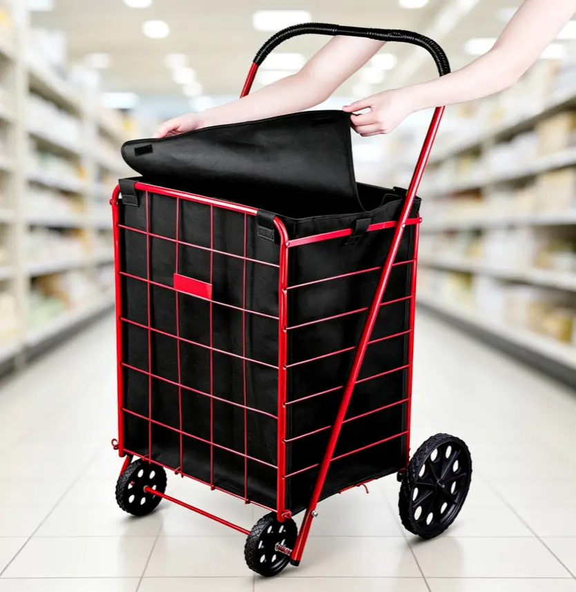 Square Bottom Shopping Cart Liner 18" X 15" X 24", Waterproof Laundry Cart Bag with Cover and Adjustable Straps, Secure Attachment Design, Fits Standard Shopping Cart, Black
