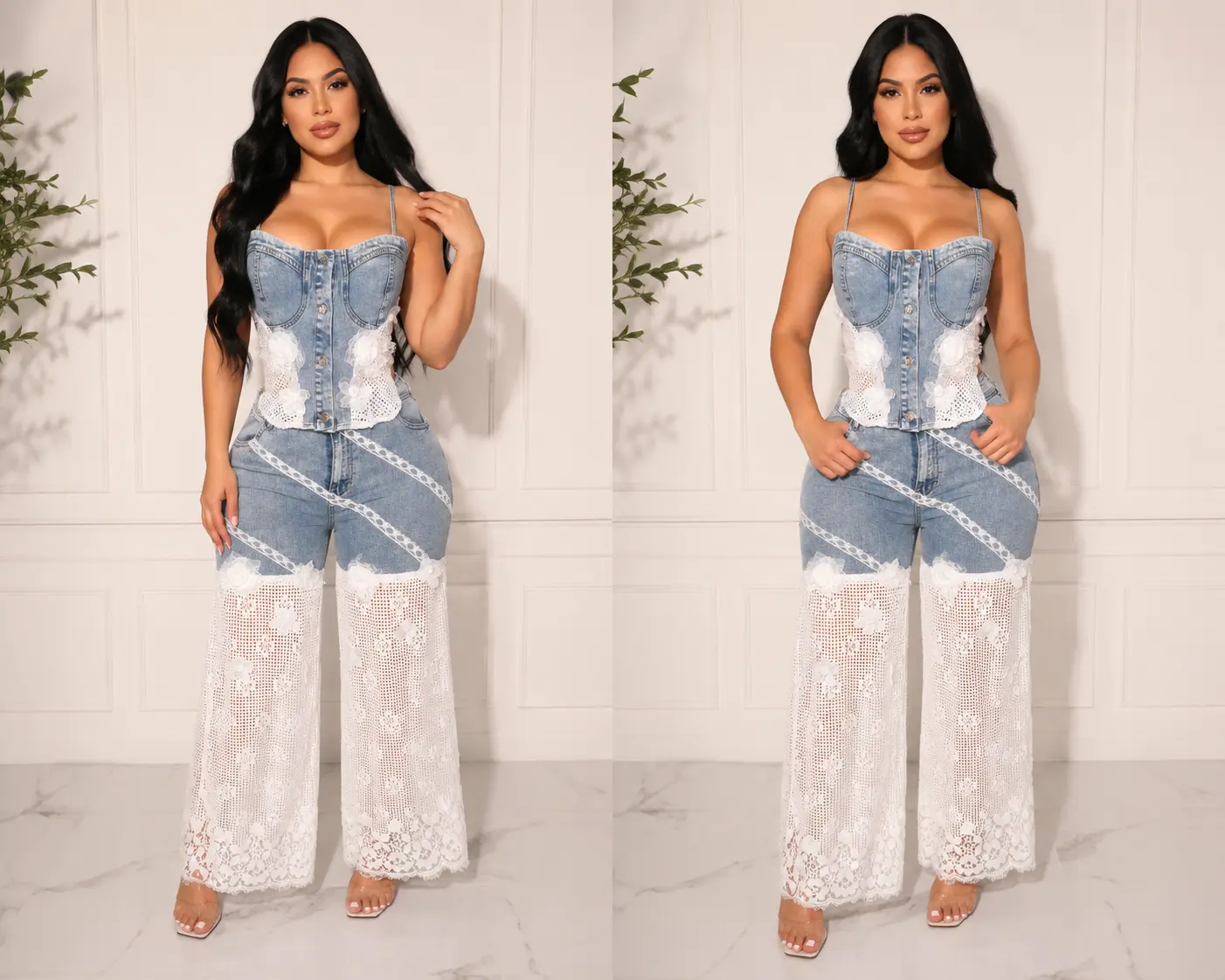 Denim & Lace Two-Piece Set with Floral Embroidery and Wide Leg Pants for Women