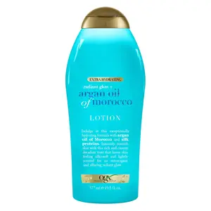OGX Radiant Glow + Argan Oil of Morocco Extra Hydrating Body Lotion for Dry Skin, Nourishing Creamy Body & Hand Cream for Silky Soft Skin, Paraben-Free, Sulfated-Surfactants Free, 19.5 fl oz