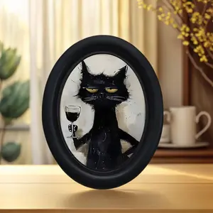 Vintage Abstract Cat Wine Glass Frame Wall Art, Gothic Fun Oval Decor, Unique Living Room Bar Wall Hanging Decoration