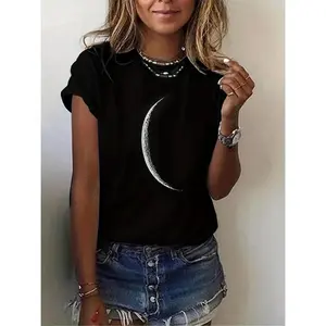 Short Sleeve Moon Print Crew Neck T-Shirt for Spring & Summer, Casual Women's Clothing
