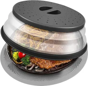 2 In 1, Microwave Cover For Food & Mat 10 Inch, Mat as Bowl Hugger, Cover as Splatter Guard, Collapsible Lid for Plate Dish Bowl, Multi-Purpose Silicone Mat&Colander Kitchen Gadget for Meal Prep, Grey