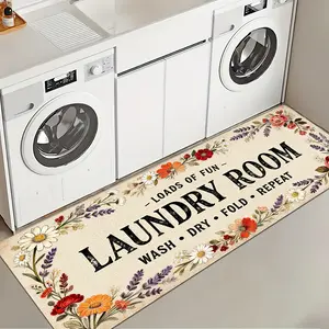 1 Pc Vintage Flower Laundry Room Rug Soft Comfortable Striped Textured Print Mat Anti-Slip Floor Mat With Lavender Daisy Rose Design Suitable For Kitchen Living Room Bedroom Sink Laundry Room Decor Carpet Pad Indoor Rectangular Farmhouse Kitchen Rug