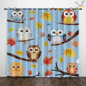 Cartoon Owl Pattern Curtain, 2 Counts/set Digital Printing Curtain, Grommet Top Curtain for Indoor Outdoor, Bedroom, Living Room Decor