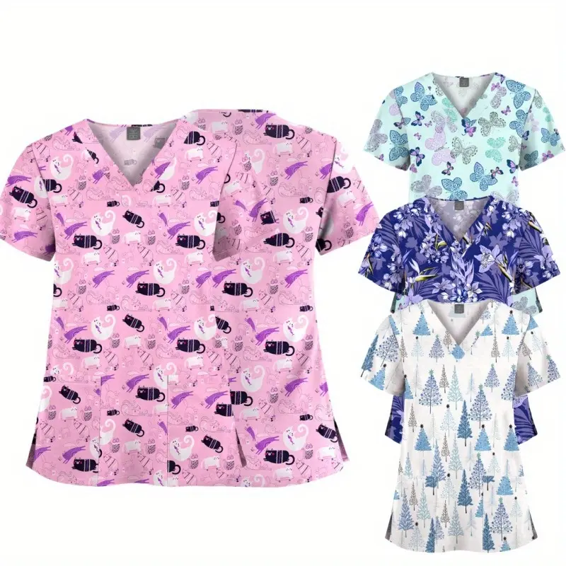 New Stretchy Printed Scrub Set - V-Neck Short-Sleeve Top & Pants for Salon, and Fun Cartoon Design