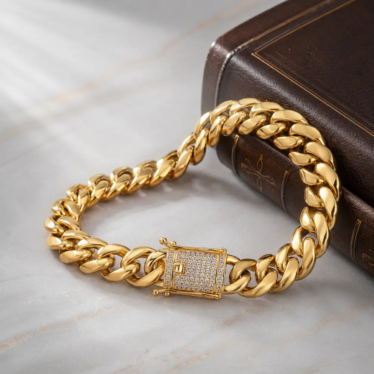 14K Gold Plated Miami Cuban Link Bracelet for Men Women, 6mm–18mm Chunky Gold Curb Chain with Iced Out CZ Box Clasp, 7.5/8.5 Inch Hip Hop Jewelry Gift