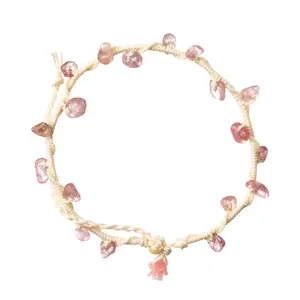 Unique Strawberry Rose Quartz Cotton Weave Bracelet | Adjustable Pink Crystal Rose Flower Bracelet for Love & Inner Peace | Handmade Rose Quartz Healing Bangle for Women