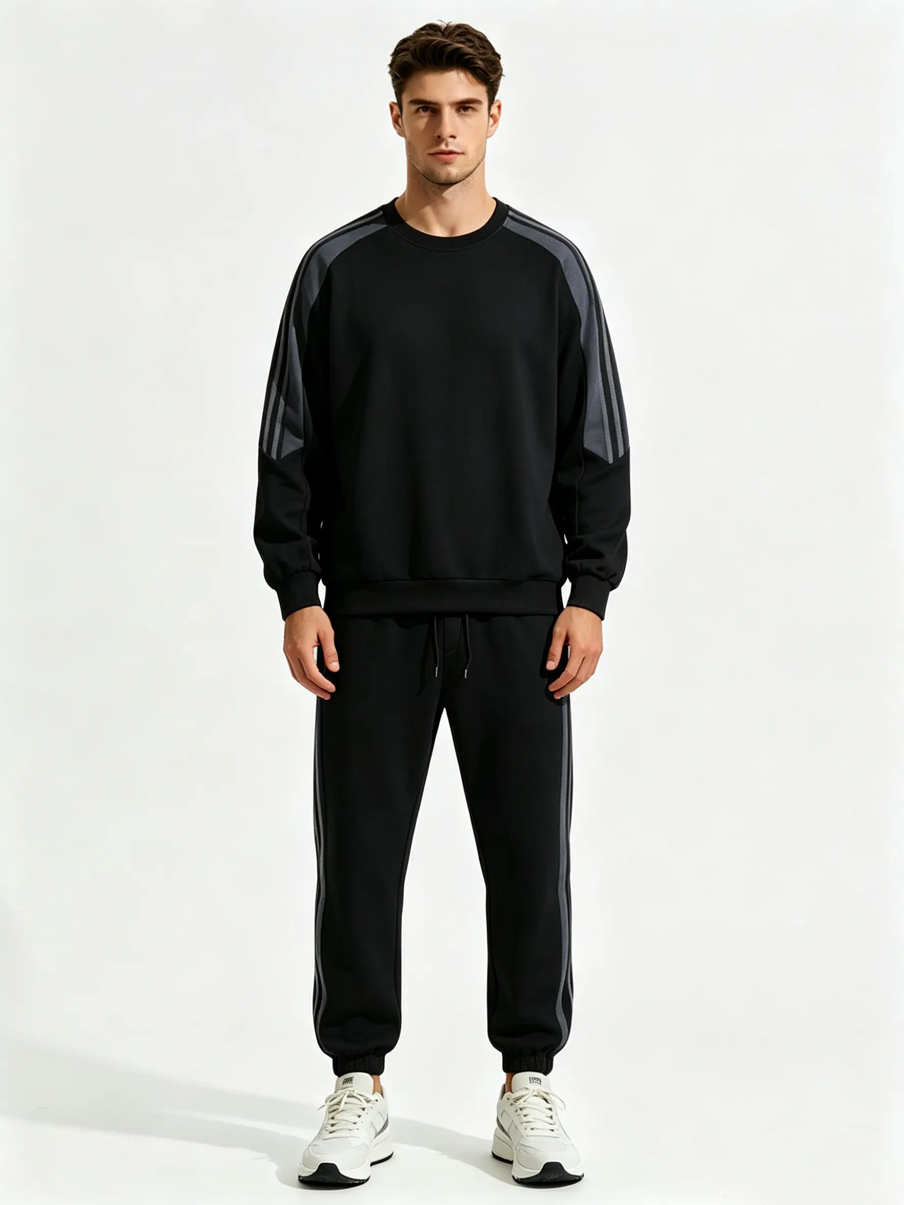 New autumn men’s two-piece set: classic crewneck sweatshirt with two stripes + jogger sweatpants with elastic drawstring design, casual street-style athletic outfit.
