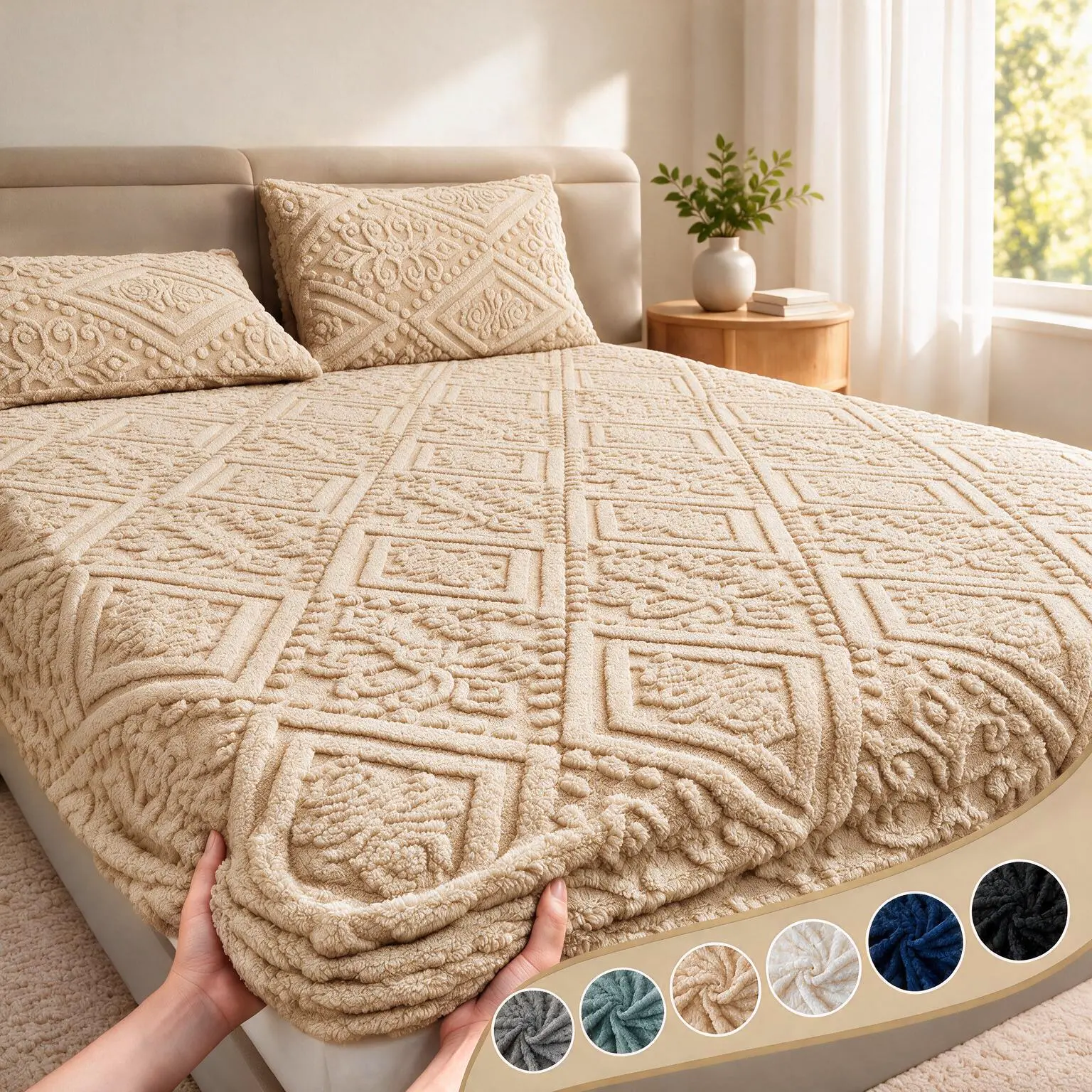 1Pc Luxury 3D Embossed Plush Fitted Sheet, Thick Warm Flannel for Autumn & Winter, Skin-Friendly & Hypoallergenic, Machine Washable Bedding, 14-inch Deep Pocket Design (Pillowcases Not Included),  Ideal Holiday Gift