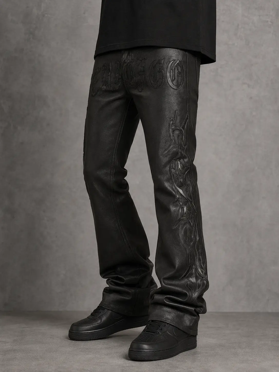 KDNK Embroidery Waxed Flare Pants In Black KNB3490, Menswear, Jeans, Flared
