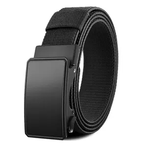 Men’s nylon webbing automatic-locking belt featuring an adjustable matte black flat panel automatic buckle head; a durable, casual yet functional belt suitable for various occasions—an excellent gift for Valentine’s Day and Father’s Day.