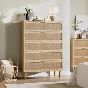 Rattan 5 Drawer Dressers for Bedroom,Tall Dresser with Deep Drawers, Large Chest of Drawers for Closet with Wide Top, Long Wooden Dresser for Living Room, Hallway, Kids Room