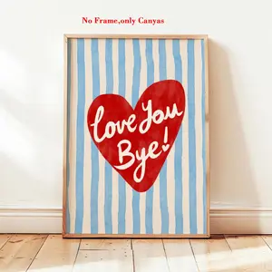 Vintage Heart Stripe Poster Print, Love Goodbye Wall Art Decor, College Style Watercolor Painting, Bedroom & Living Room Decoration Gift, Unframed Art Print