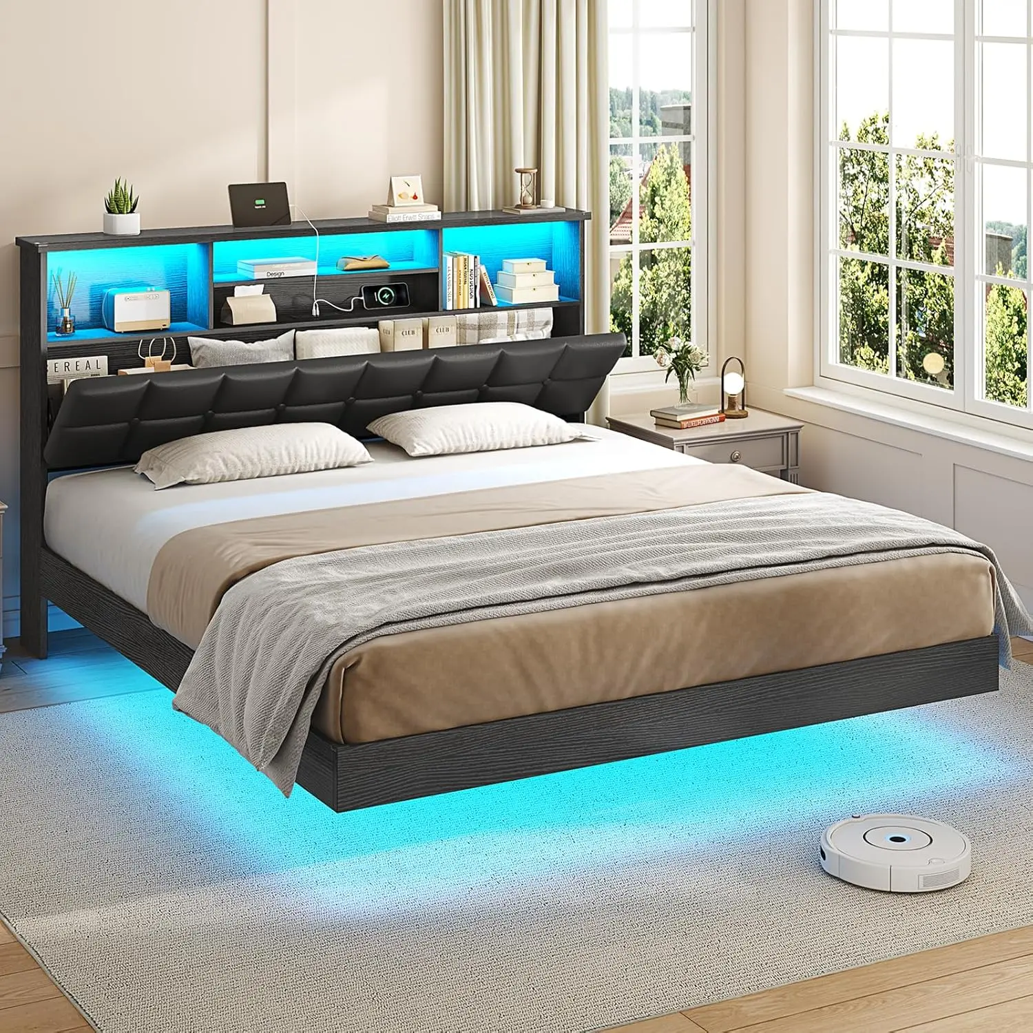 VIAGDO Upholstered Queen Built-In Bed Frame with Headboard, USB & Type C Charging Station, LED-Accented Lights, Hidden Storage, No Box Spring Needed, Black Indoor Apartment Furniture, Led-Accented Bed Frames, Built-In Bed Frames
