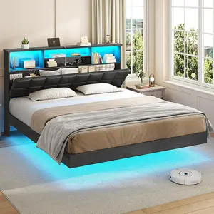 VIAGDO Floating Bed Frame Queen Size with Headboard and Storage, Upholstered Queen Platform Bed Frame with USB & Type C Charging Station and LED Lights, Hidden Storage, No Box Spring Needed, Black