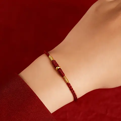 Adjustable Women's Boho Style Bracelet with Lucky Charms, Designed in Hand Woven Bohemian Style, in Red and Gold, Adorned with Beads and Talismans, Suitable for Casual Wear All Year Round