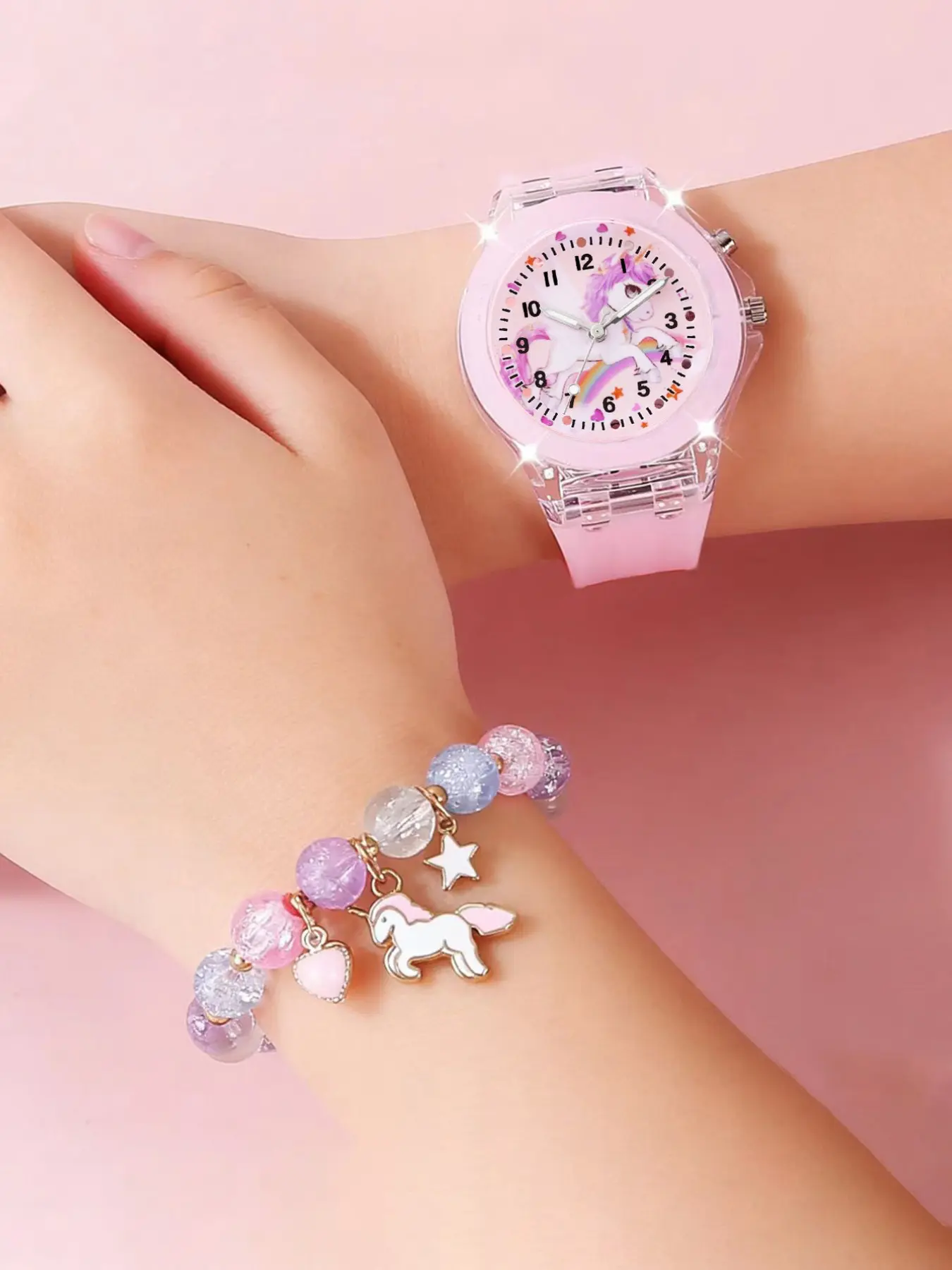 Cute Unicorn Design Watch & Bracelet Set, Fashionable Analog Quartz Wrist Watches & Jewelry Set for Girls, Trendy Versatile & Exquisite Watch Set for Birthday Gifts