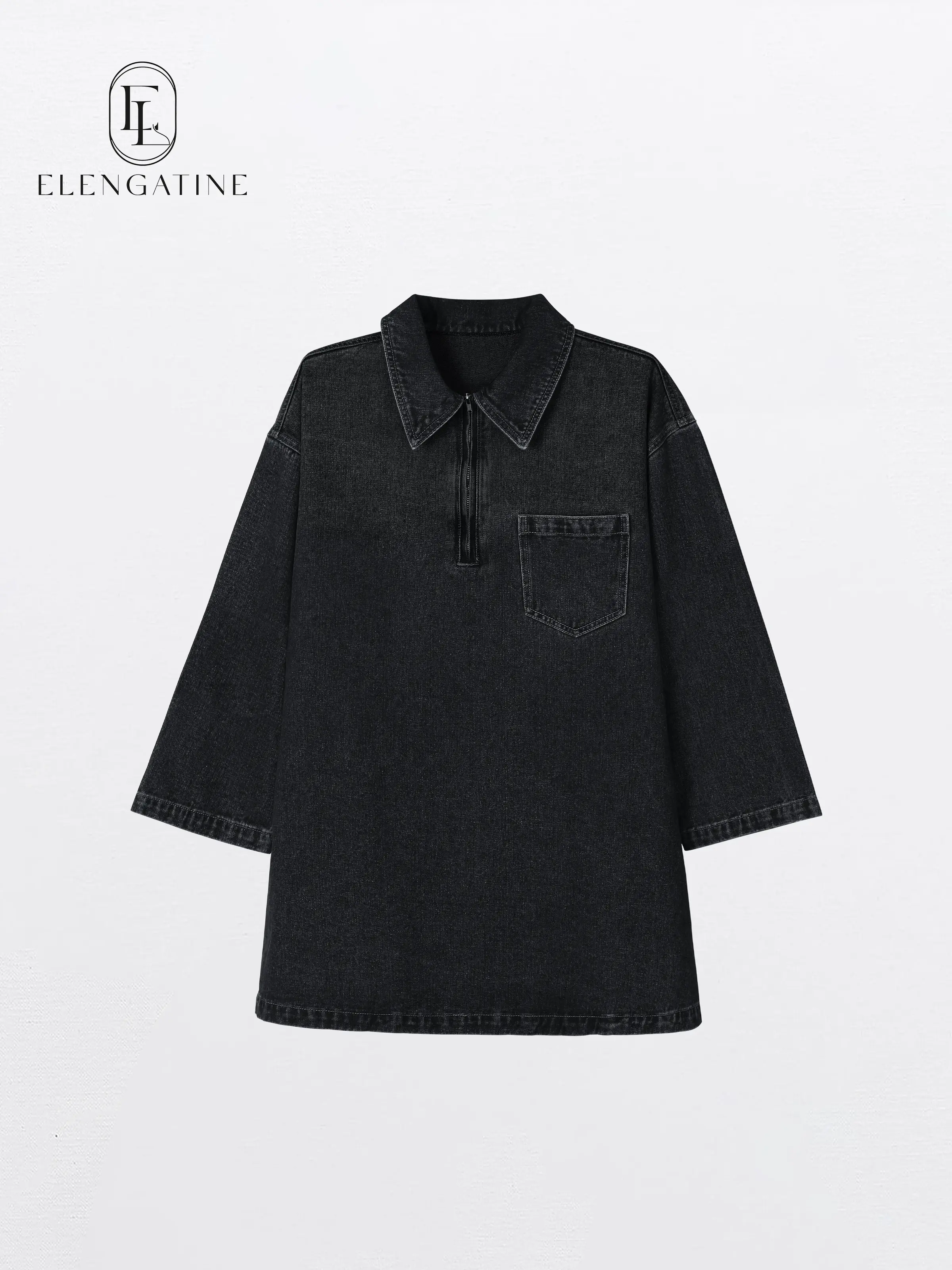 Elengatine Women's Denim Dress Half-Zip Collared Vintage Washed
