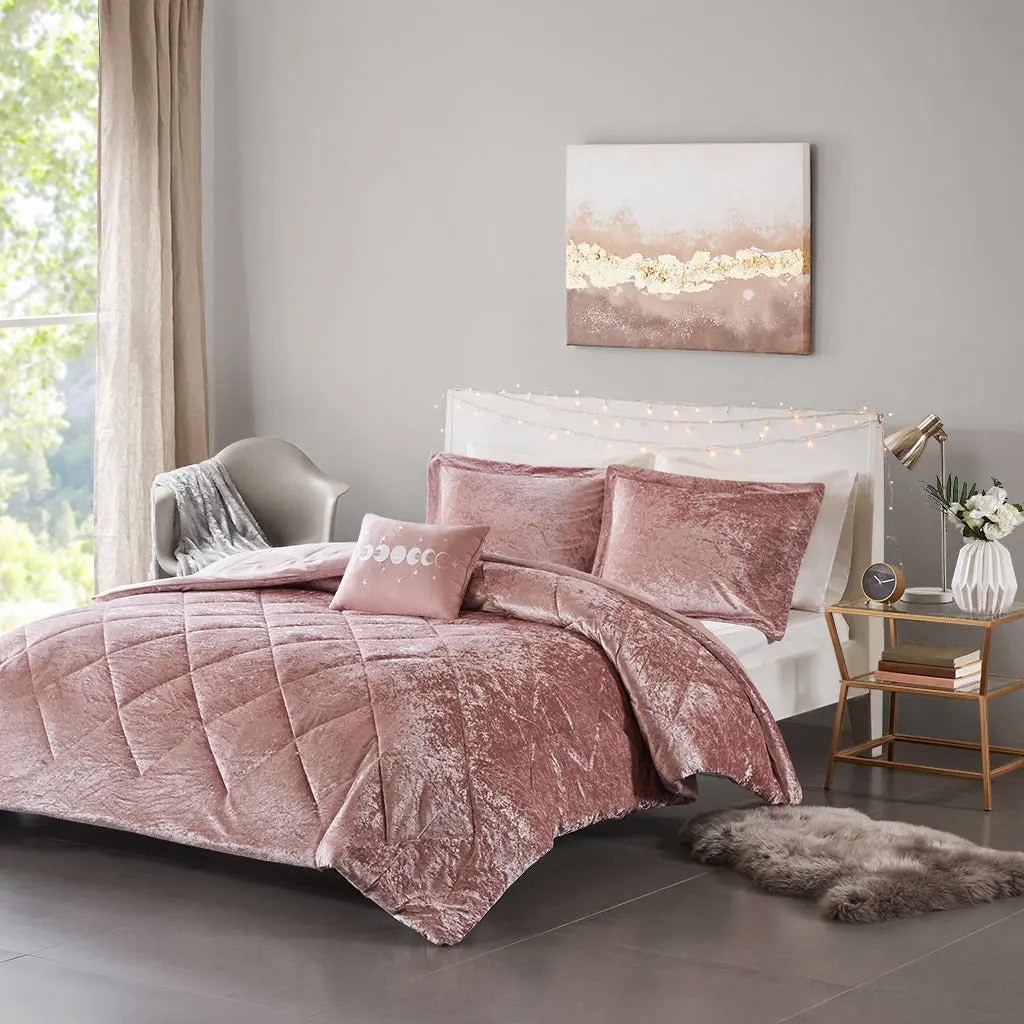 Blush Crushed Velvet King-Cal King 5-Piece Bedding Comforter Set, 1 Throw Pillow, 100% Poly Fill Hypoallergenic Filling, Diamond Quilting, Machine Washable, Modern, Steam Iron Compatible