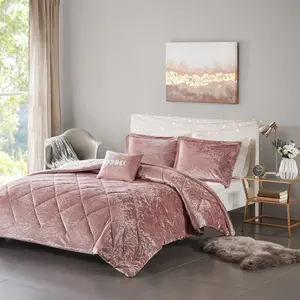 Velvet Fabric 5-Piece Full-Queen Bedding Comforter Set, Including Diamond Quilt and 1 Throw Pillow