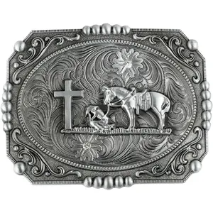 valentines gifts Western Belt Buckles for Men Women, Vintage Rodeo Praying Cowboy Cowgirl Faith Cross Belt Buckle