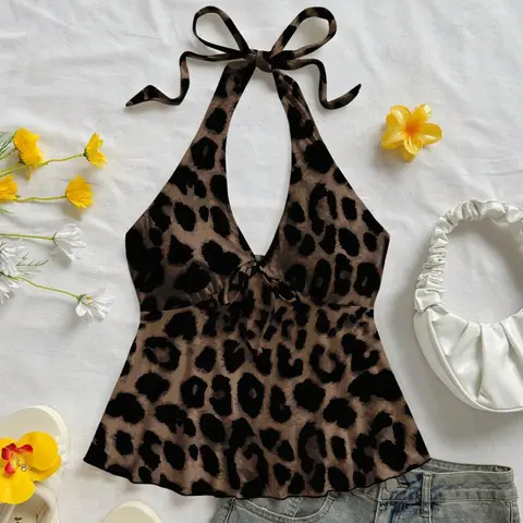 Women's Casual Chic Vacation V-Neck Sleeveless Tie Back Babydoll Halter Top, Adjustable, Perfect for Summer Beach Holidays, Cute Slim-Fitting All-Over Leopard Print Piece