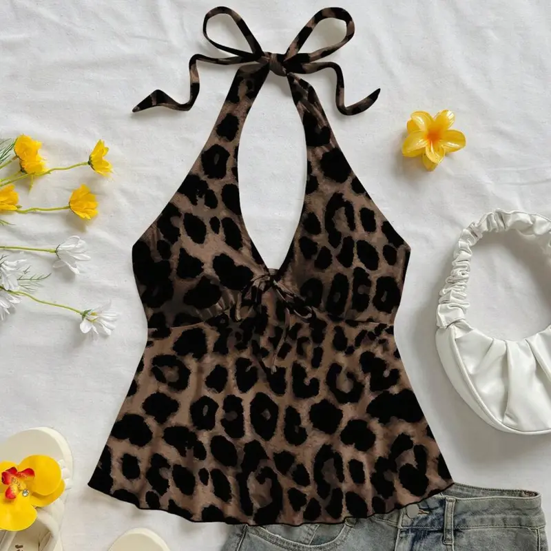 Women's Casual Chic Vacation V-Neck Sleeveless Tie Back Babydoll Halter Top, Adjustable, Perfect for Summer Beach Holidays, Cute Slim-Fitting All-Over Leopard Print Piece